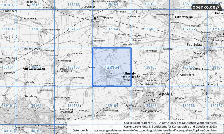 Übersichtskarte des KOSTRA-DWD-2020-Rasterfeldes Nr. 138164