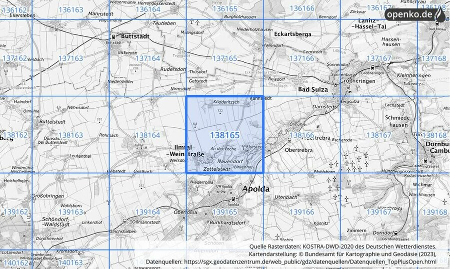 Übersichtskarte des KOSTRA-DWD-2020-Rasterfeldes Nr. 138165