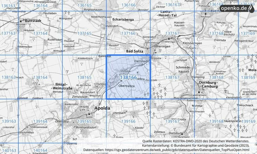 Übersichtskarte des KOSTRA-DWD-2020-Rasterfeldes Nr. 138166