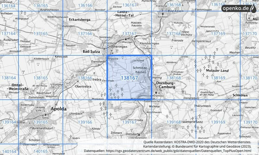 Übersichtskarte des KOSTRA-DWD-2020-Rasterfeldes Nr. 138167