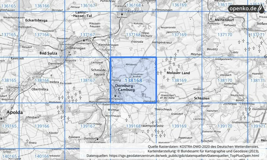 Übersichtskarte des KOSTRA-DWD-2020-Rasterfeldes Nr. 138168