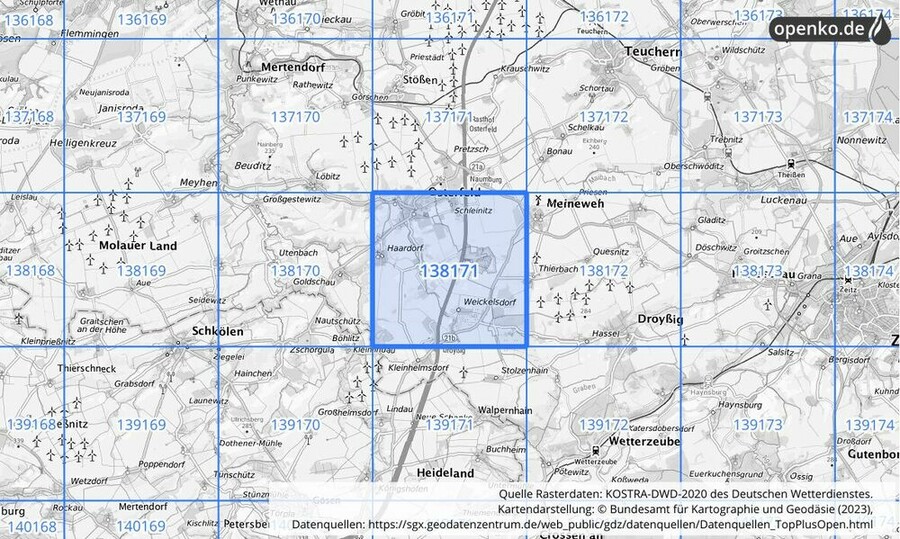 Übersichtskarte des KOSTRA-DWD-2020-Rasterfeldes Nr. 138171