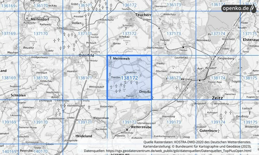 Übersichtskarte des KOSTRA-DWD-2020-Rasterfeldes Nr. 138172