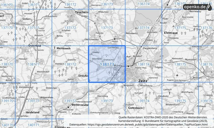 Übersichtskarte des KOSTRA-DWD-2020-Rasterfeldes Nr. 138173