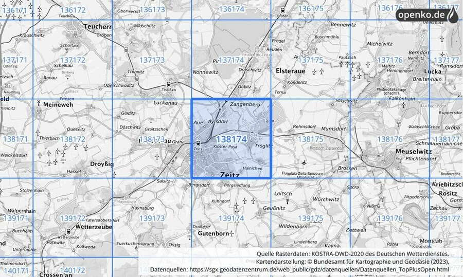 Übersichtskarte des KOSTRA-DWD-2020-Rasterfeldes Nr. 138174