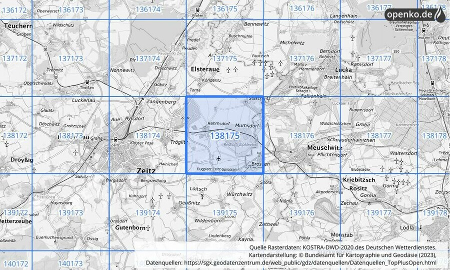 Übersichtskarte des KOSTRA-DWD-2020-Rasterfeldes Nr. 138175