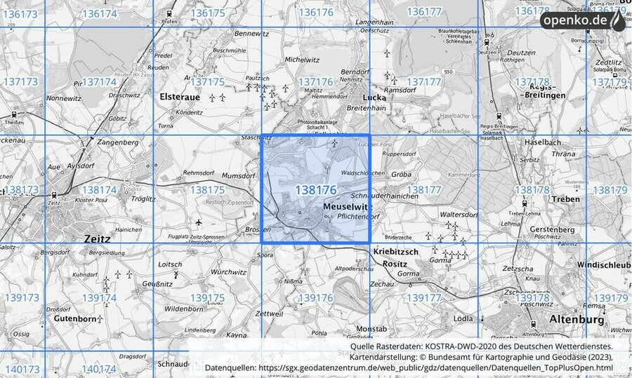 Übersichtskarte des KOSTRA-DWD-2020-Rasterfeldes Nr. 138176