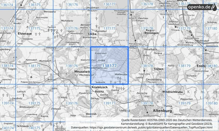 Übersichtskarte des KOSTRA-DWD-2020-Rasterfeldes Nr. 138177