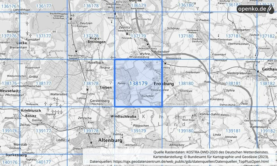 Übersichtskarte des KOSTRA-DWD-2020-Rasterfeldes Nr. 138179