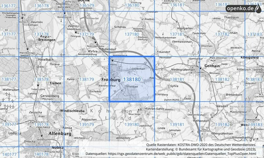 Übersichtskarte des KOSTRA-DWD-2020-Rasterfeldes Nr. 138180