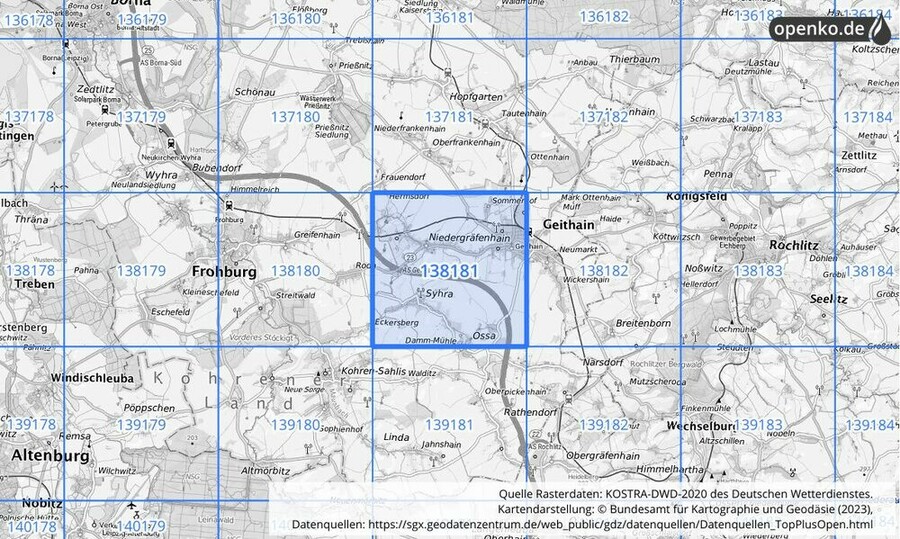 Übersichtskarte des KOSTRA-DWD-2020-Rasterfeldes Nr. 138181