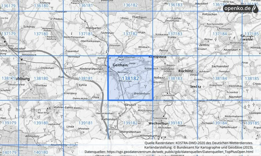 Übersichtskarte des KOSTRA-DWD-2020-Rasterfeldes Nr. 138182