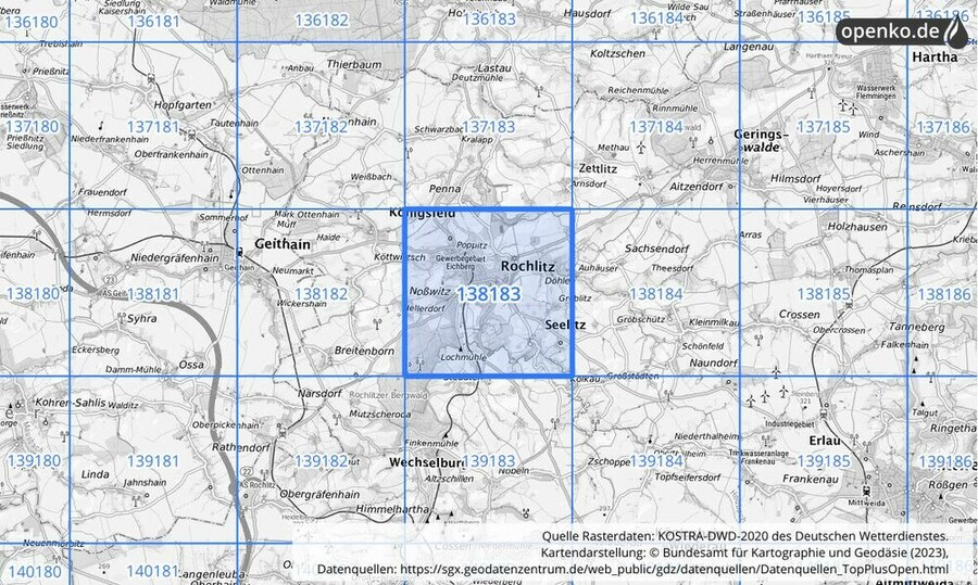 Übersichtskarte des KOSTRA-DWD-2020-Rasterfeldes Nr. 138183