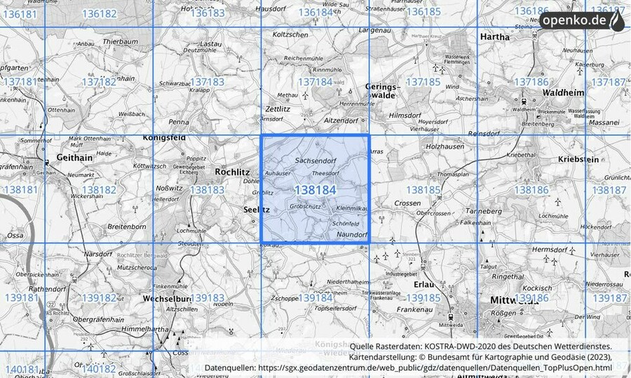 Übersichtskarte des KOSTRA-DWD-2020-Rasterfeldes Nr. 138184