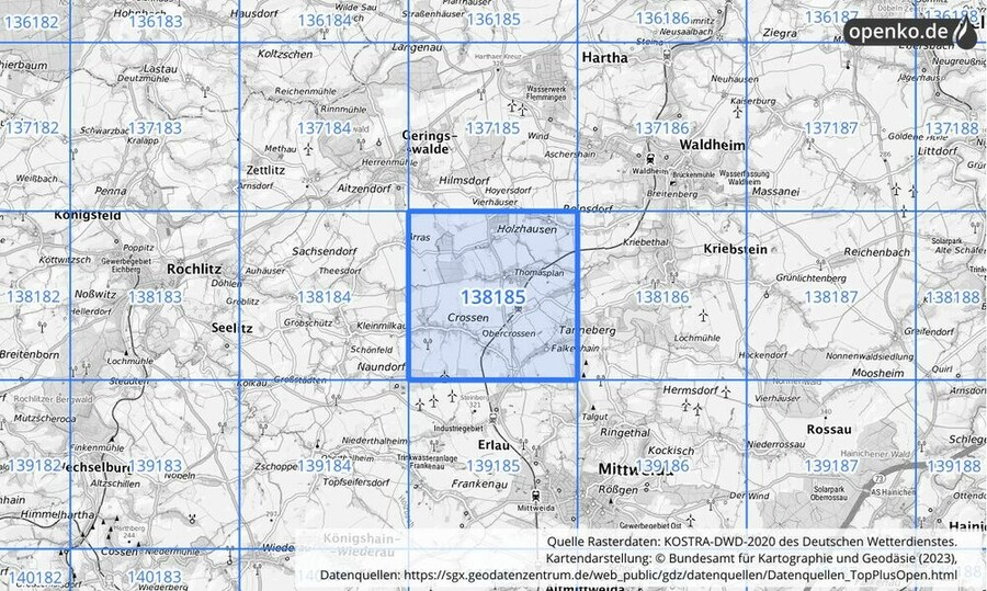 Übersichtskarte des KOSTRA-DWD-2020-Rasterfeldes Nr. 138185