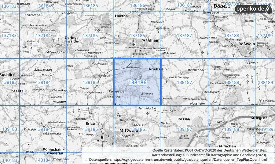 Übersichtskarte des KOSTRA-DWD-2020-Rasterfeldes Nr. 138186