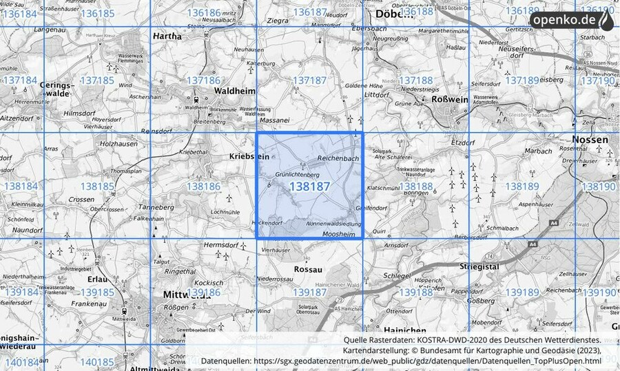 Übersichtskarte des KOSTRA-DWD-2020-Rasterfeldes Nr. 138187