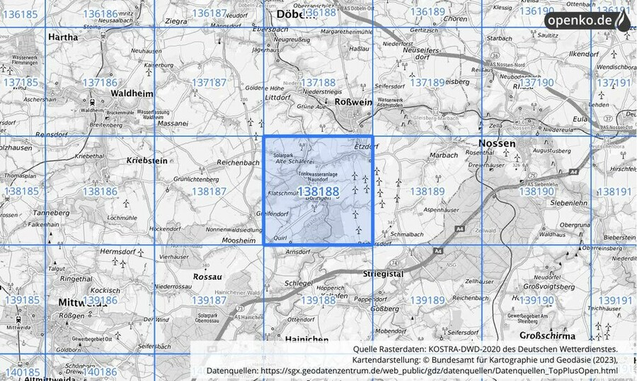 Übersichtskarte des KOSTRA-DWD-2020-Rasterfeldes Nr. 138188