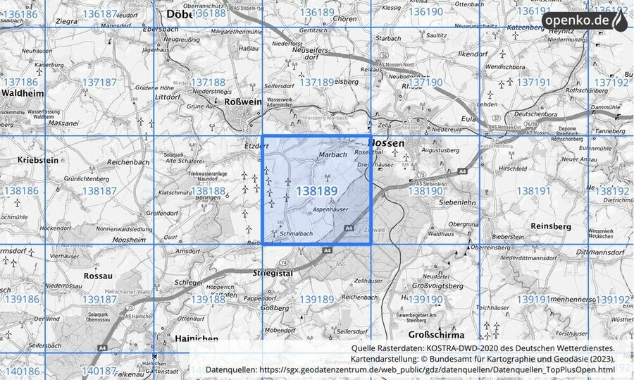 Übersichtskarte des KOSTRA-DWD-2020-Rasterfeldes Nr. 138189