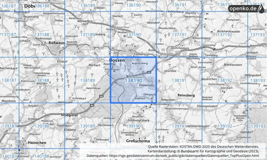 Übersichtskarte des KOSTRA-DWD-2020-Rasterfeldes Nr. 138190