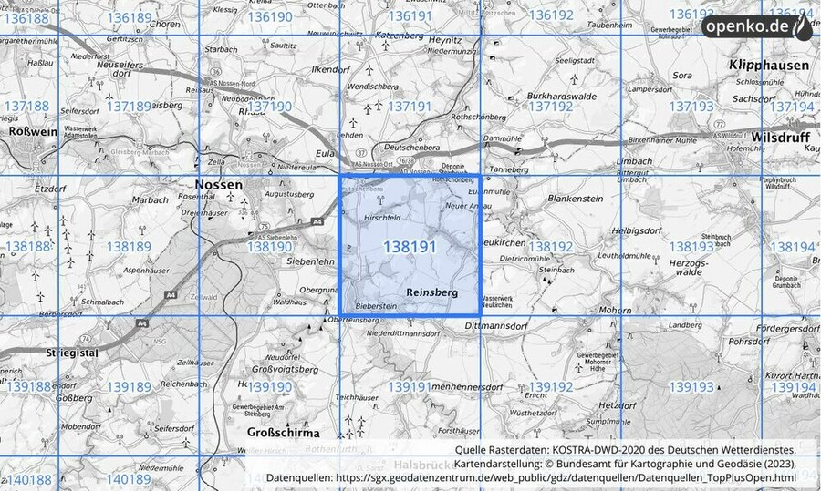 Übersichtskarte des KOSTRA-DWD-2020-Rasterfeldes Nr. 138191