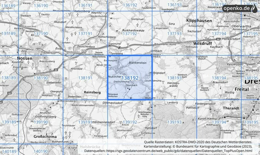 Übersichtskarte des KOSTRA-DWD-2020-Rasterfeldes Nr. 138192