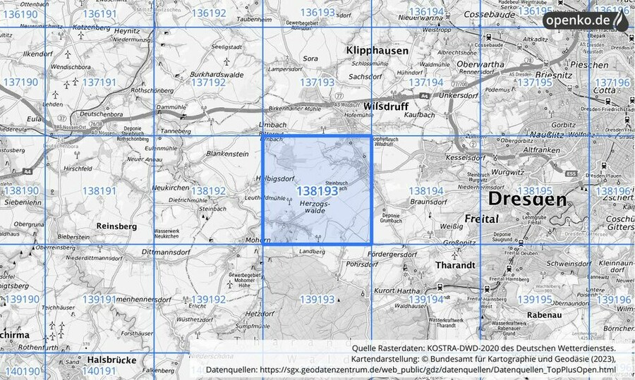 Übersichtskarte des KOSTRA-DWD-2020-Rasterfeldes Nr. 138193