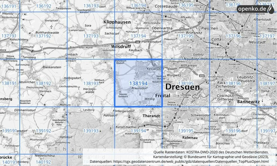 Übersichtskarte des KOSTRA-DWD-2020-Rasterfeldes Nr. 138194