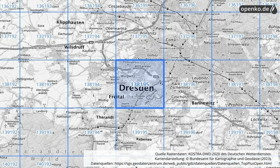 Übersichtskarte des KOSTRA-DWD-2020-Rasterfeldes Nr. 138195