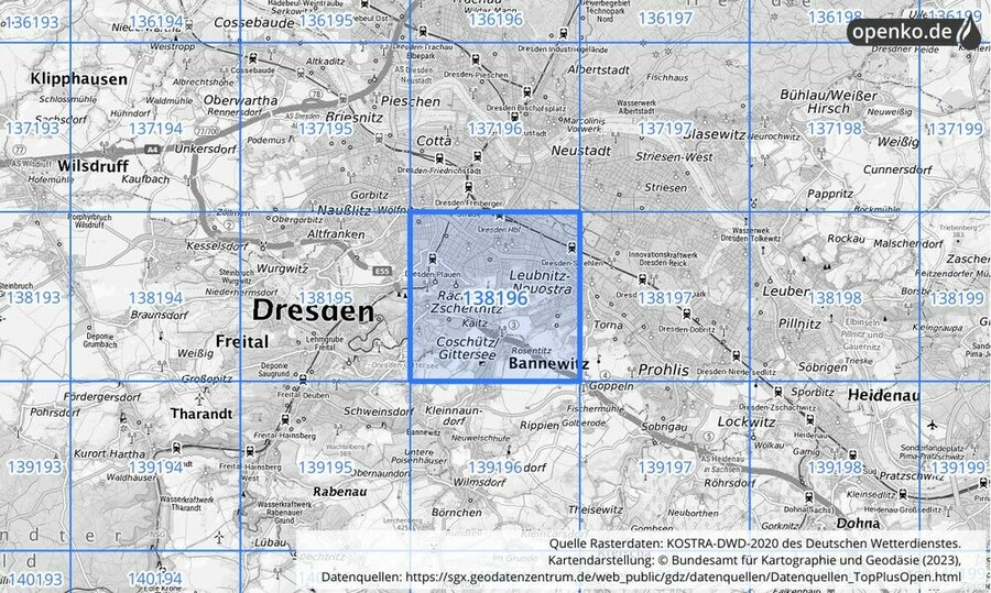 Übersichtskarte des KOSTRA-DWD-2020-Rasterfeldes Nr. 138196