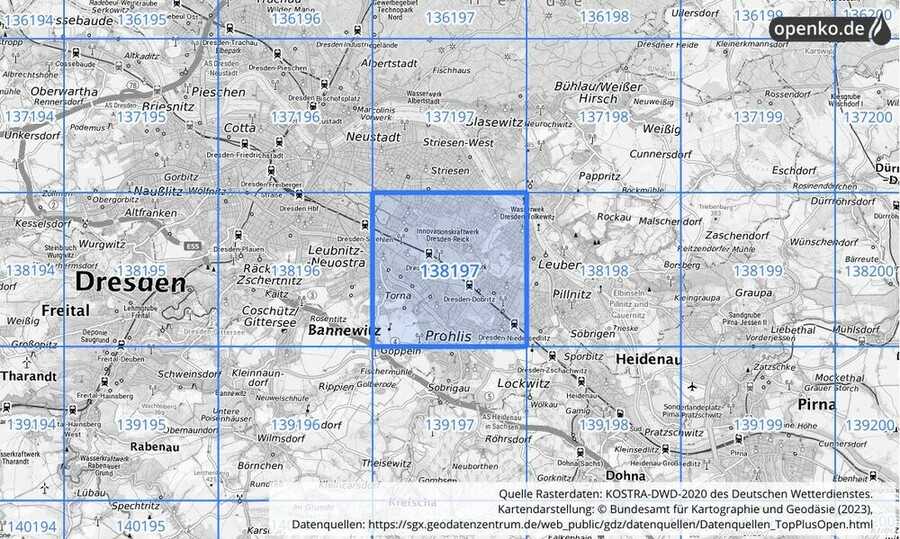 Übersichtskarte des KOSTRA-DWD-2020-Rasterfeldes Nr. 138197