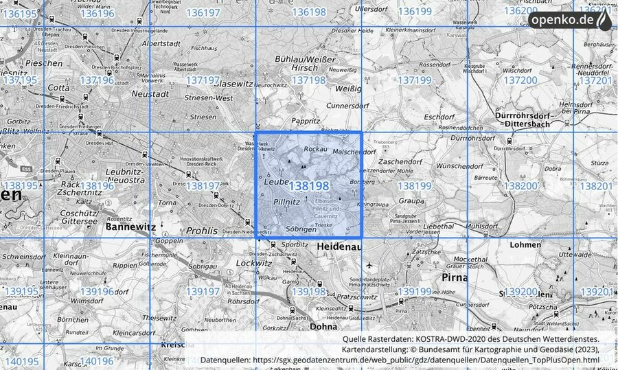 Übersichtskarte des KOSTRA-DWD-2020-Rasterfeldes Nr. 138198