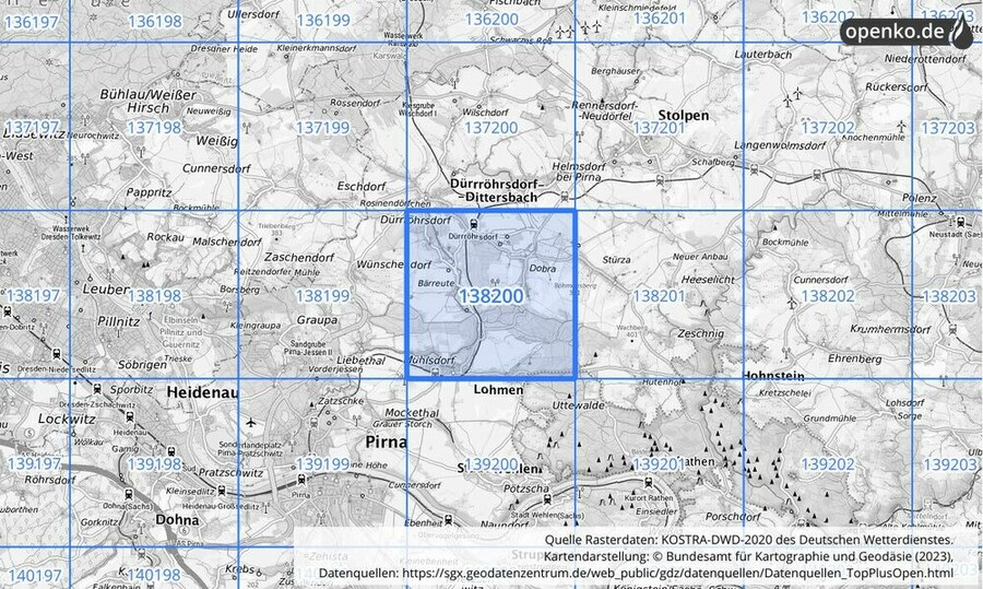 Übersichtskarte des KOSTRA-DWD-2020-Rasterfeldes Nr. 138200