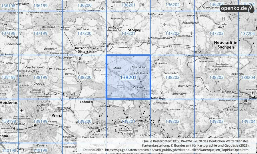 Übersichtskarte des KOSTRA-DWD-2020-Rasterfeldes Nr. 138201