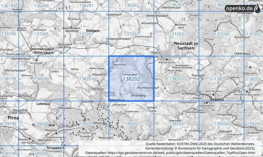 Übersichtskarte des KOSTRA-DWD-2020-Rasterfeldes Nr. 138202