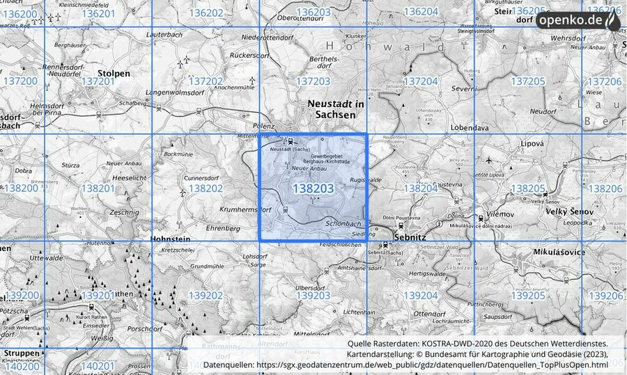 Übersichtskarte des KOSTRA-DWD-2020-Rasterfeldes Nr. 138203