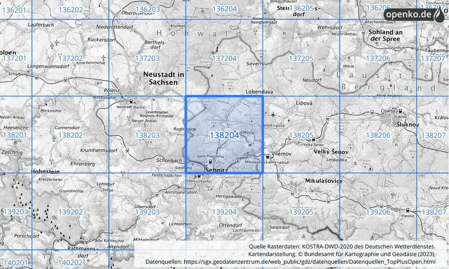 Übersichtskarte des KOSTRA-DWD-2020-Rasterfeldes Nr. 138204