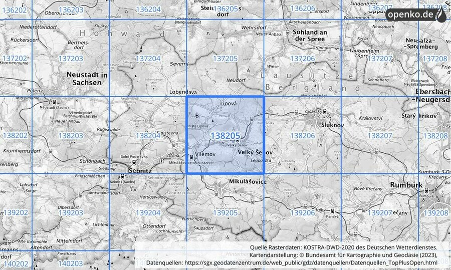 Übersichtskarte des KOSTRA-DWD-2020-Rasterfeldes Nr. 138205