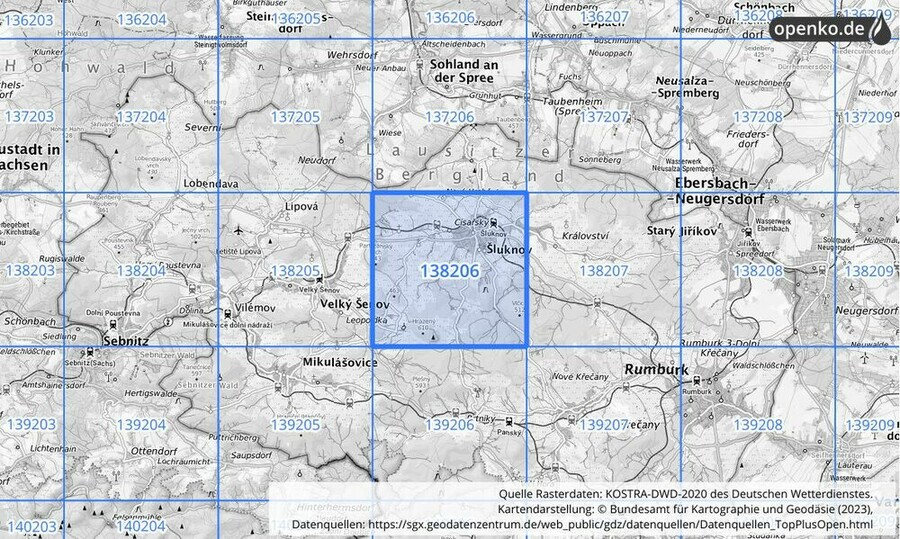 Übersichtskarte des KOSTRA-DWD-2020-Rasterfeldes Nr. 138206