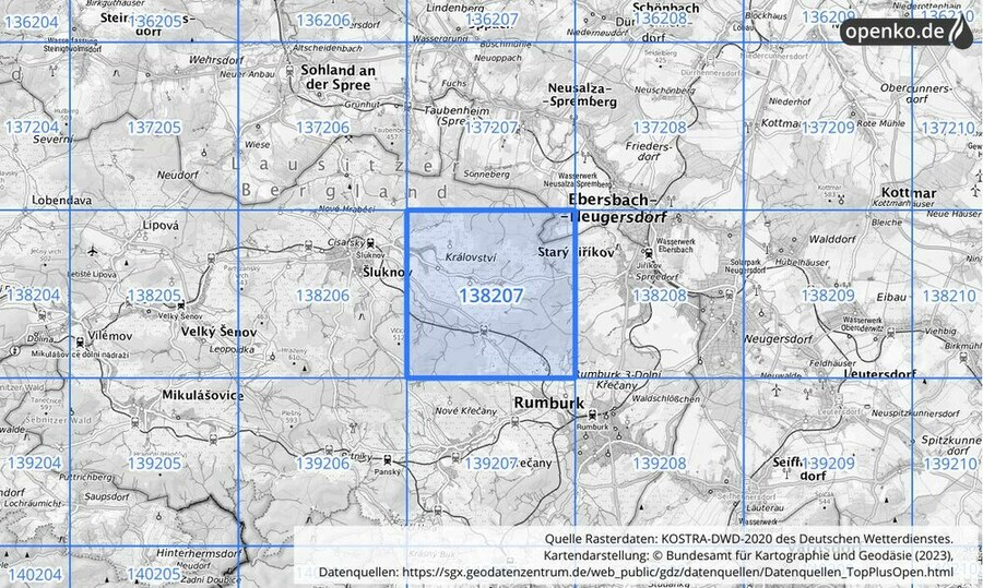 Übersichtskarte des KOSTRA-DWD-2020-Rasterfeldes Nr. 138207