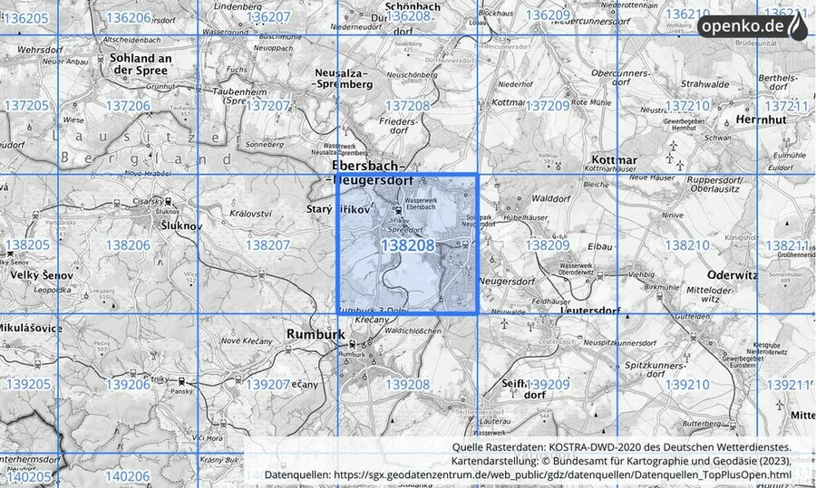 Übersichtskarte des KOSTRA-DWD-2020-Rasterfeldes Nr. 138208