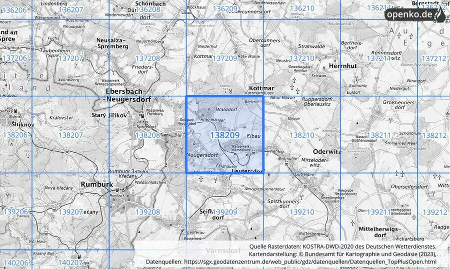 Übersichtskarte des KOSTRA-DWD-2020-Rasterfeldes Nr. 138209