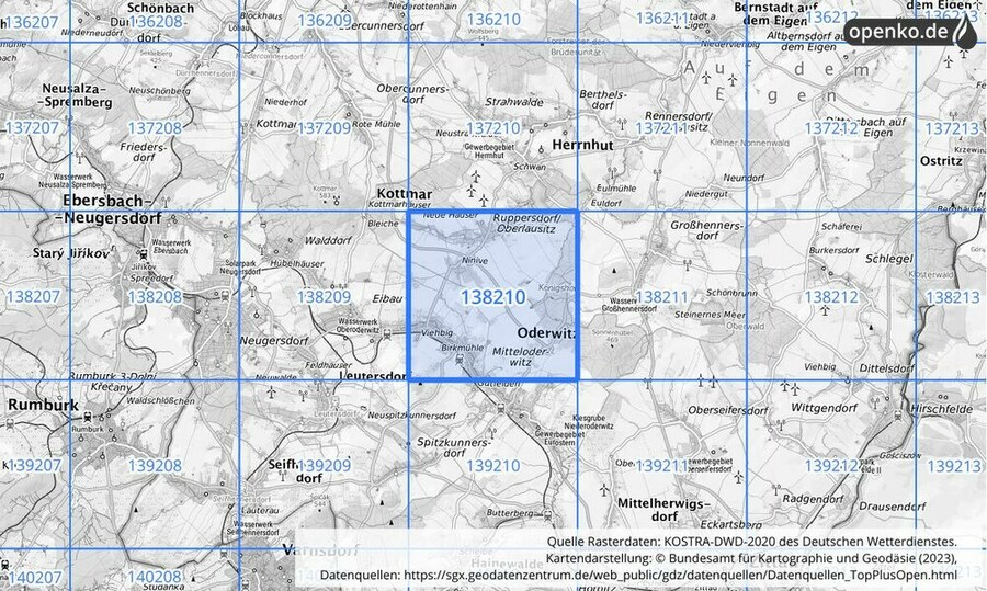 Übersichtskarte des KOSTRA-DWD-2020-Rasterfeldes Nr. 138210