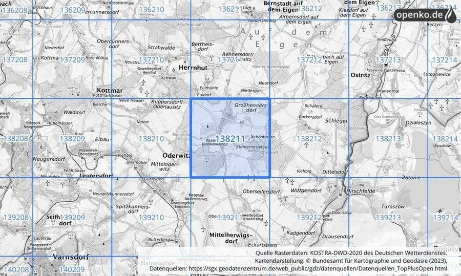 Übersichtskarte des KOSTRA-DWD-2020-Rasterfeldes Nr. 138211