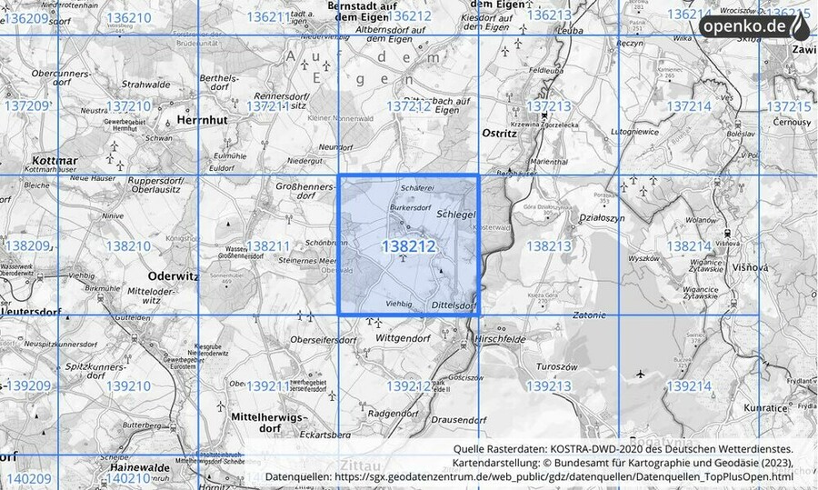 Übersichtskarte des KOSTRA-DWD-2020-Rasterfeldes Nr. 138212