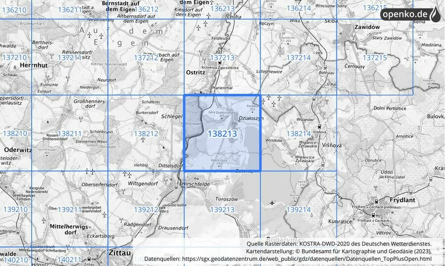 Übersichtskarte des KOSTRA-DWD-2020-Rasterfeldes Nr. 138213