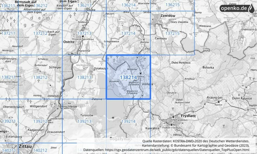 Übersichtskarte des KOSTRA-DWD-2020-Rasterfeldes Nr. 138214