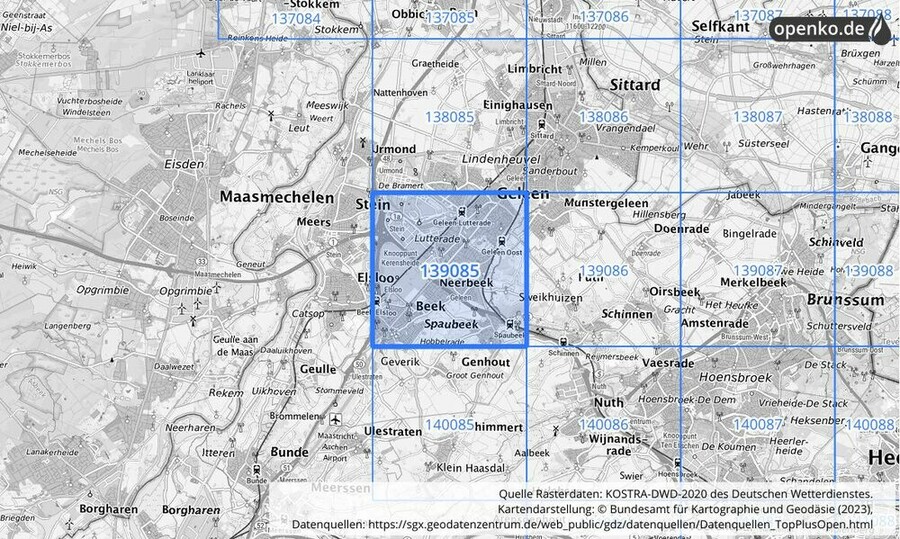 Übersichtskarte des KOSTRA-DWD-2020-Rasterfeldes Nr. 139085