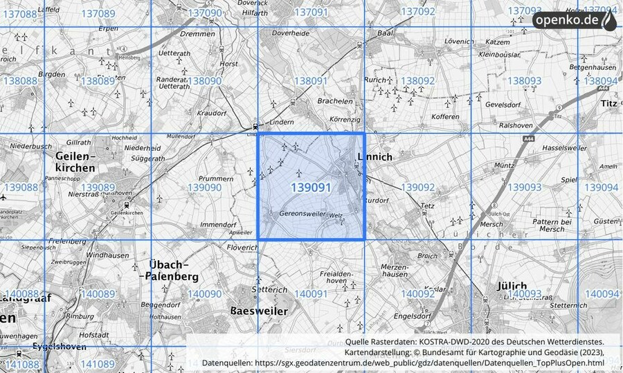 Übersichtskarte des KOSTRA-DWD-2020-Rasterfeldes Nr. 139091