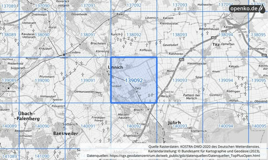 Übersichtskarte des KOSTRA-DWD-2020-Rasterfeldes Nr. 139092